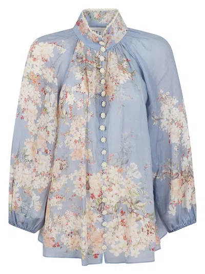 Zimmermann Blouse With Puff Sleeves Cascadian In Blue