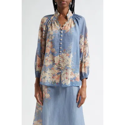 Zimmermann Cascadian Billow Linen Button-up Shirt In Multi