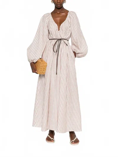 Zimmermann Cascadian Billow Maxi Dress In Tan Stripe In Multi