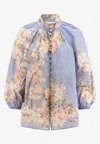 Zimmermann Womens Teal Blue Botanical Cascadian Billow Floral Woven Blouse In Brown