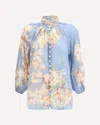 Zimmermann Cascadian Lace-trimmed Floral-print Ramie Blouse In Blue