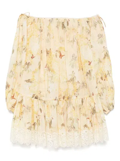 Zimmermann Cascadian Off-the-shoulder Lace-trimmed Printed Cotton-voile Mini Dress In Yellow