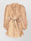 Zimmermann Cascadian Beige Tunic Dress With Stand-up Collar And All-over Leopard Print In Linen Woman In Brown