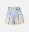 Zimmermann Floral Printed Pleated Belted Shorts In Blue