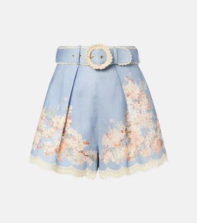 Zimmermann Floral Printed Pleated Belted Shorts In Purple