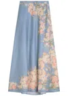 Zimmermann Womens Cascadian Bias Floral Linen Midi Skirt Teal Blue Botanical