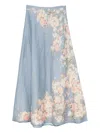 Zimmermann Womens Cascadian Bias Floral Linen Midi Skirt Teal Blue Botanical In Blue