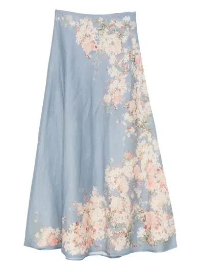 Zimmermann Cascadian Floral-print Linen Skirt In Blue