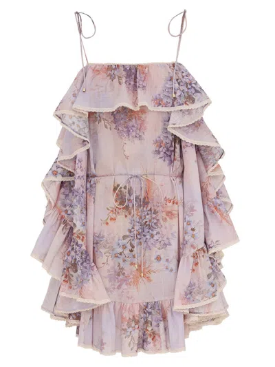 Zimmermann Cascadian Floral Print Ruffle Mini Dress In Botanical Floral In Purple
