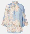 Zimmermann Cascadian Lace-trimmed Floral-print Ramie Blouse In Blue