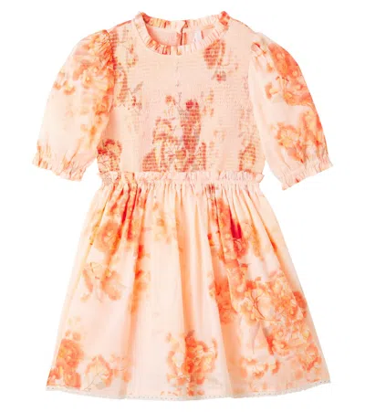 Zimmermann Kids' Cascadian Floral Shirred Cotton Dress In Orange