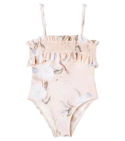 Zimmermann Kids' Cascadian Floral Shirred Swimsuit In Pink