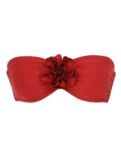 Zimmermann Strapless Red Bikini Top With 3d Floral Embellishment
