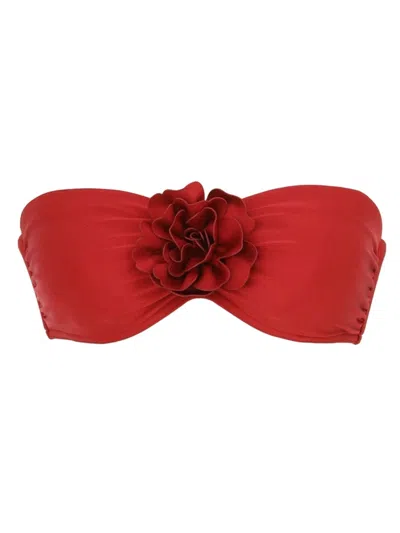Zimmermann Strapless Red Bikini Top With 3d Floral Embellishment