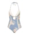 Zimmermann Cascadian Keyhole Crochet One Piece Tea Blue Botanical Floral