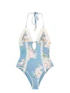 Zimmermann Cascadian Keyhole Crochet One Piece Tea Blue Botanical Floral In Blue