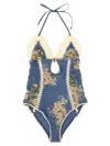 Zimmermann Cascadian Keyhole Crochet One Piece Tea Blue Botanical Floral In Blue