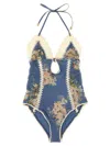 Zimmermann Cascadian Keyhole Crochet One Piece Tea Blue Botanical Floral In Blue
