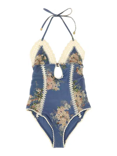 Zimmermann Cascadian Keyhole Crochet One-piece Swimsuit In Blue