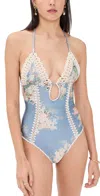 Zimmermann Cascadian Keyhole Crochet One Piece Tea Blue Botanical Floral In Blue