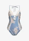 Zimmermann Cascadian Keyhole Crochet One Piece Tea Blue Botanical Floral In Blue