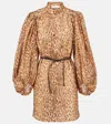 Zimmermann Cascadian Beige Tunic Dress With Stand-up Collar And All-over Leopard Print In Linen Woman