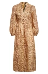 Zimmermann Cascadian Leopard Print Long Sleeve Linen Midi Dress In Brown