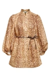 Zimmermann Cascadian Beige Tunic Dress With Stand-up Collar And All-over Leopard Print In Linen Woman In Brown