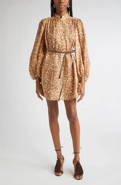 Zimmermann Cascadian Leopard Print Long Sleeve Tunic Dress In Brown