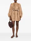 Zimmermann Cascadian Beige Tunic Dress With Stand-up Collar And All-over Leopard Print In Linen Woman In Brown