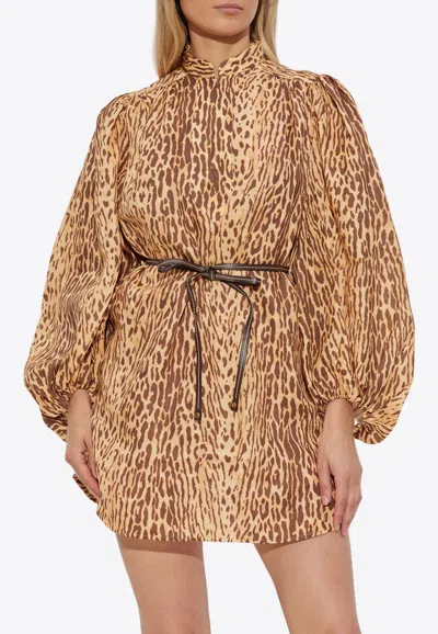 Zimmermann Cascadian Leopard-print Mini Dress In Brown