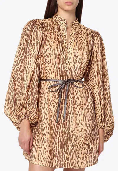 Zimmermann Cascadian Leopard Print Mini Linen Dress In Brown