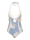 Zimmermann Cascadian Keyhole Crochet One Piece Tea Blue Botanical Floral