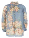 Zimmermann Cascadian Lace-trimmed Floral-print Ramie Blouse In Blue