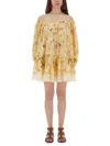 Zimmermann Cascadian Off-the-shoulder Lace-trimmed Printed Cotton-voile Mini Dress In Yellow