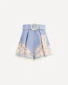 Zimmermann Cascadian Belted Lace-trimmed Pleated Floral-print Linen Shorts In Blue