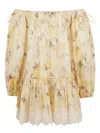 Zimmermann Cascadian Off-the-shoulder Lace-trimmed Printed Cotton-voile Mini Dress In Neutral