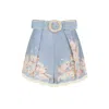 Zimmermann Teal Blue Botanical Floral Linen Cascadian Shorts In Blue