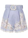 Zimmermann Cascadian Belted Lace-trimmed Pleated Floral-print Linen Shorts In Blue