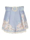 Zimmermann Teal Blue Botanical Floral Linen Cascadian Shorts In Blue