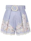 Zimmermann Cascadian Belted Lace-trimmed Pleated Floral-print Linen Shorts In Blue