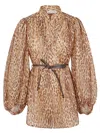 Zimmermann Cascadian Beige Tunic Dress With Stand-up Collar And All-over Leopard Print In Linen Woman In Brown