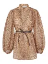 Zimmermann Cascadian Beige Tunic Dress With Stand-up Collar And All-over Leopard Print In Linen Woman In Brown