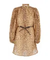 Zimmermann Cascadian Beige Tunic Dress With Stand-up Collar And All-over Leopard Print In Linen Woman In Brown