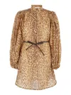Zimmermann Cascadian Beige Tunic Dress With Stand-up Collar And All-over Leopard Print In Linen Woman In Brown