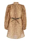 Zimmermann Cascadian Beige Tunic Dress With Stand-up Collar And All-over Leopard Print In Linen Woman In Brown