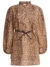 Zimmermann Cascadian Beige Tunic Dress With Stand-up Collar And All-over Leopard Print In Linen Woman