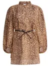Zimmermann Cascadian Beige Tunic Dress With Stand-up Collar And All-over Leopard Print In Linen Woman
