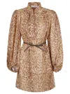 Zimmermann Cascadian Beige Tunic Dress With Stand-up Collar And All-over Leopard Print In Linen Woman In Animal Print