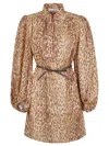 Zimmermann Cascadian Beige Tunic Dress With Stand-up Collar And All-over Leopard Print In Linen Woman In Brown